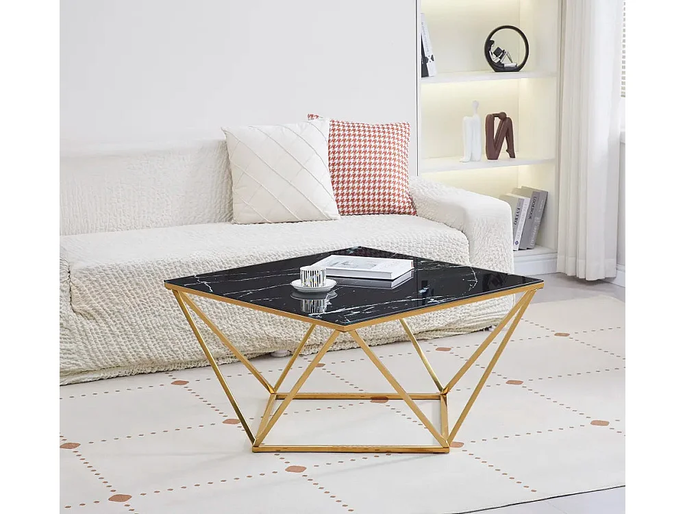 Table Basse ALINA Carrée Plateau Verre Trempé Marbré Noir Pieds Gold 80x80x45cm