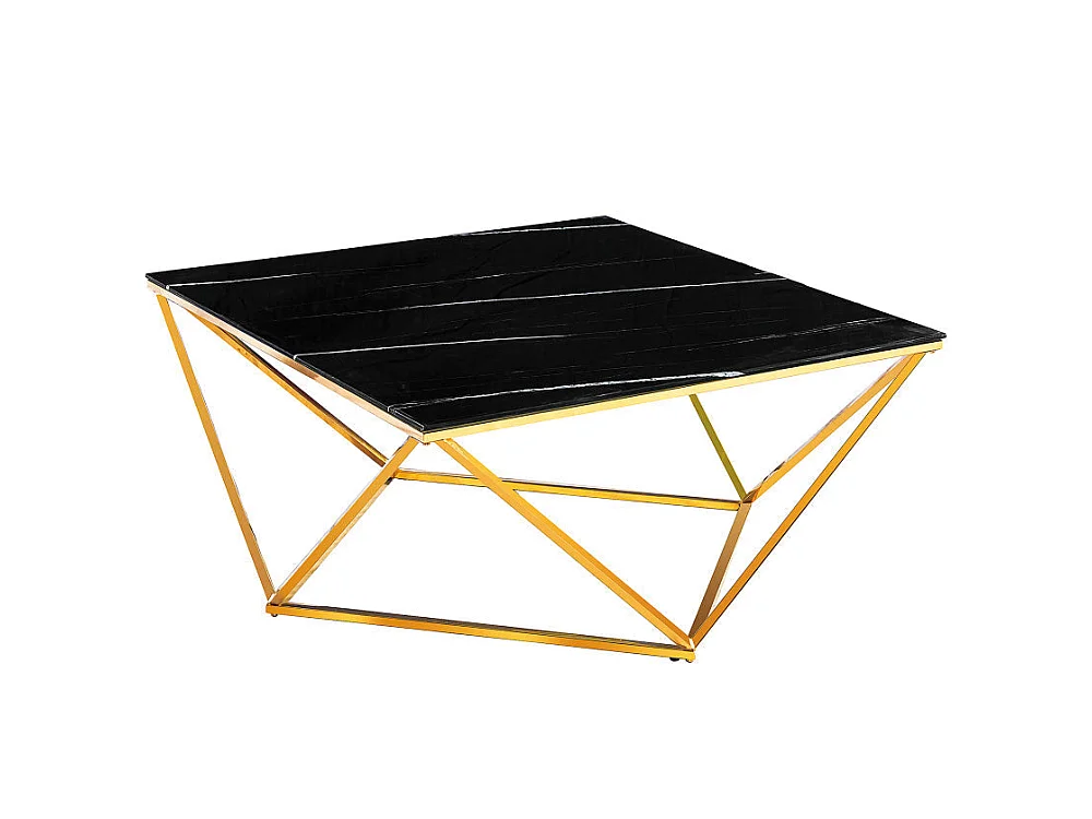 Table Basse ALINA Carrée Plateau Verre Trempé Marbré Noir Pieds Gold 80x80x45cm