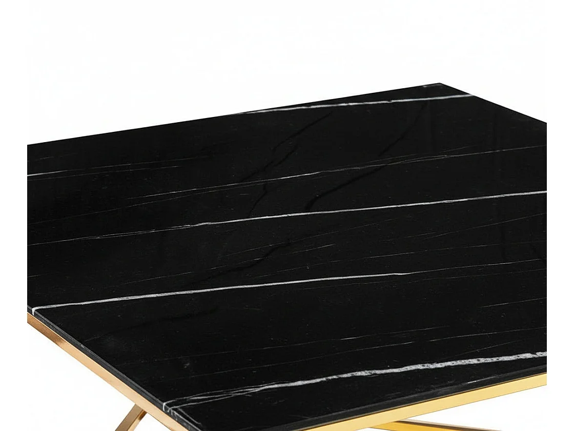 Table Basse ALINA Carrée Plateau Verre Trempé Marbré Noir Pieds Gold 80x80x45cm