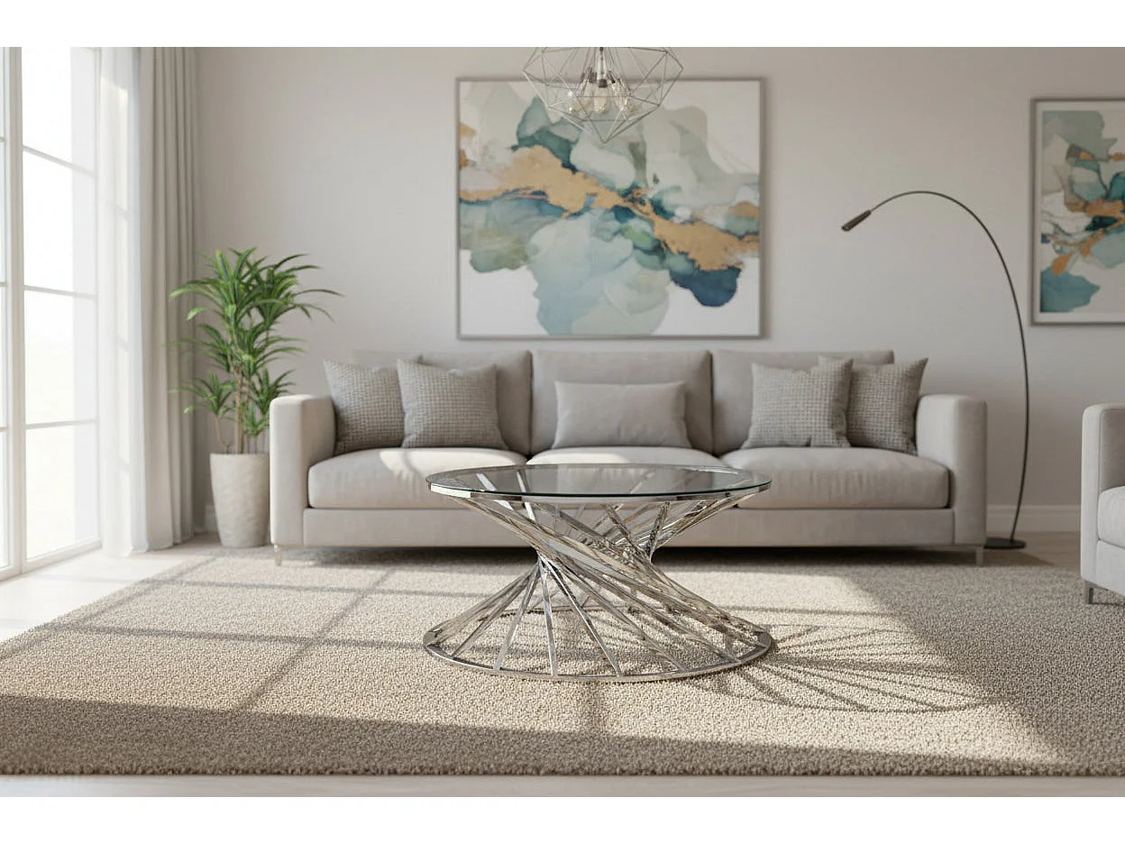 Table Basse NAUTILUS Ronde Plateau Verre Trempé Transparent Pieds Chrome D80x45cm