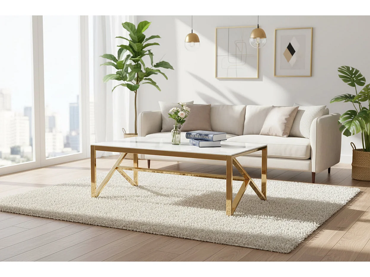 Table Basse MAJESTIQUE Rectangle Plateau Verre Trempé Marbré Blanc Pieds Gold 120x60x45cm
