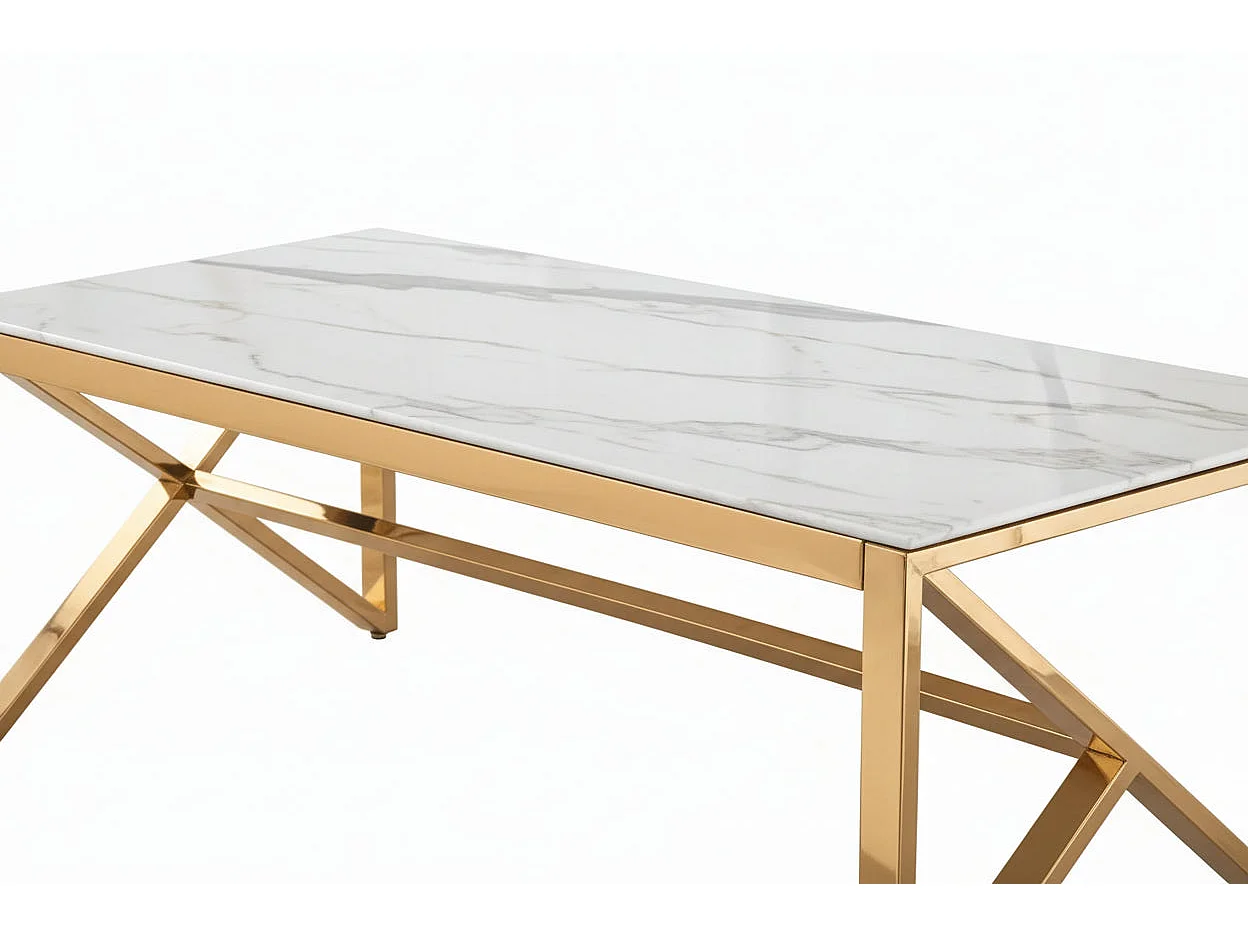 Table Basse MAJESTIQUE Rectangle Plateau Verre Trempé Marbré Blanc Pieds Gold 120x60x45cm