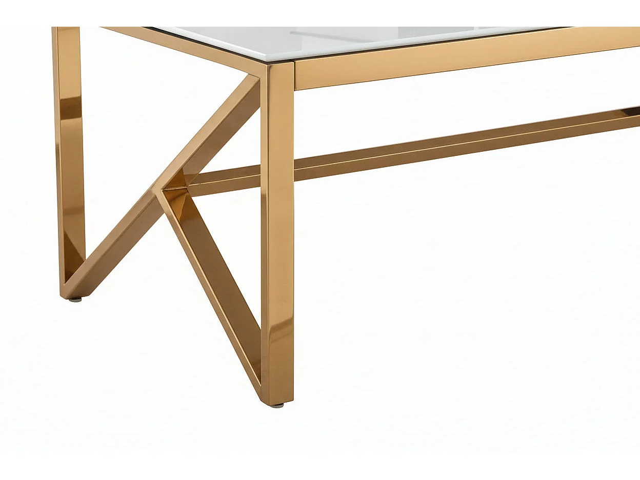 Table Basse MAJESTIQUE Rectangle Plateau Verre Trempé Marbré Blanc Pieds Gold 120x60x45cm