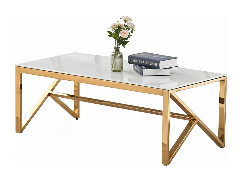 Table Basse MAJESTIQUE Rectangle Plateau Verre Trempé Marbré Blanc Pieds Gold 120x60x45cm