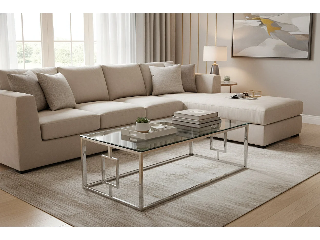 Table basse SOPHIE  pieds Chromé  plateau transparent 120 cm