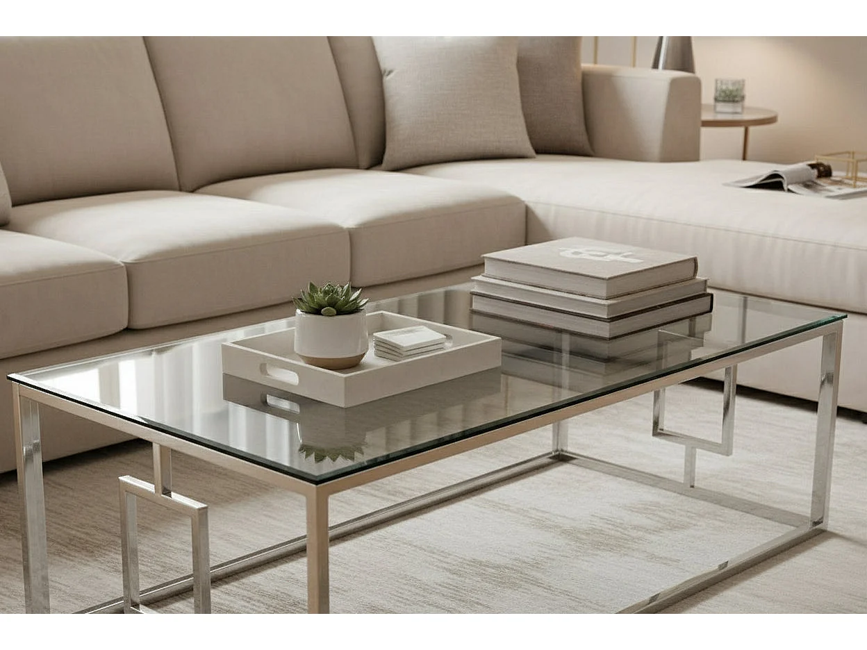 Table basse SOPHIE  pieds Chromé  plateau transparent 120 cm