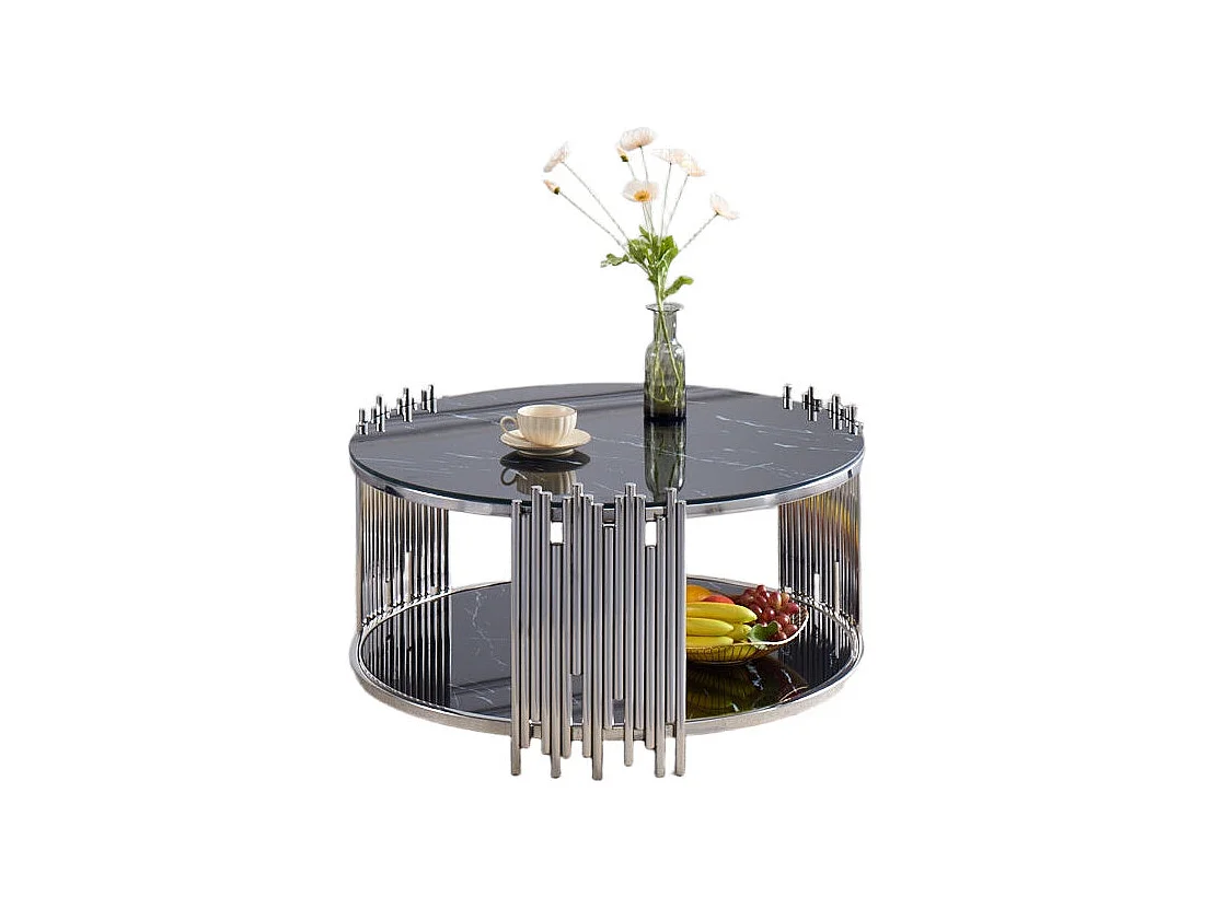 Table Basse ronde STICK Chrome et plateau en verre NOIR D90 H45 cm