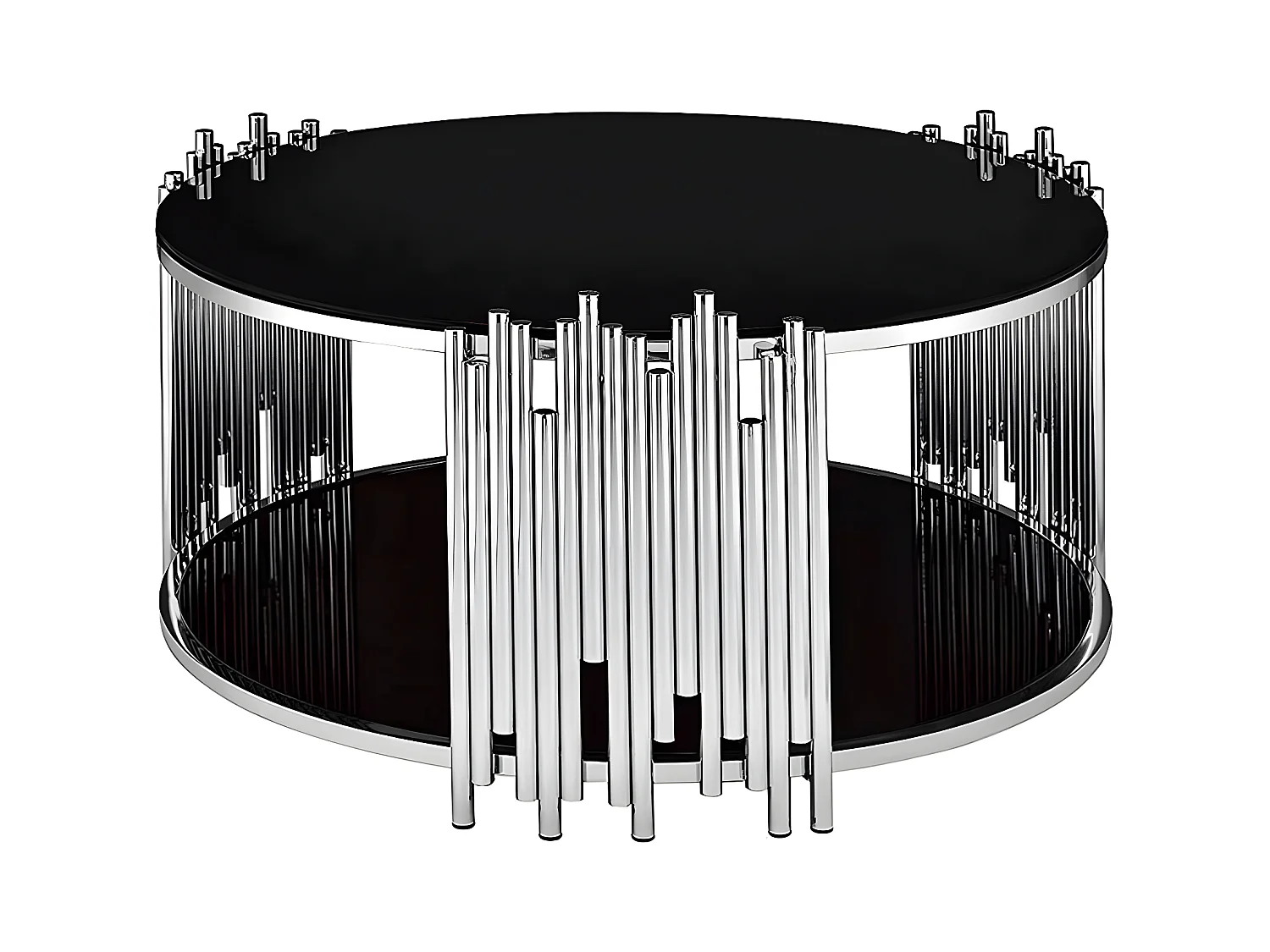 Table Basse ronde STICK Chrome et plateau en verre NOIR D90 H45 cm