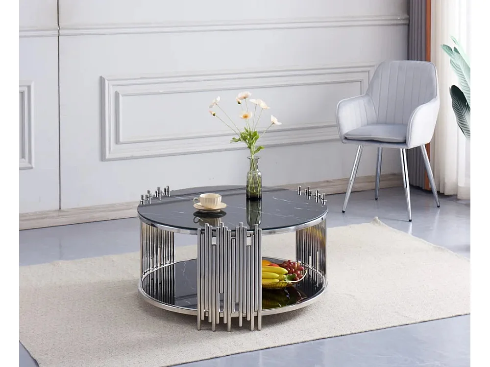 Table Basse ronde STICK Chrome et plateau en verre NOIR D90 H45 cm