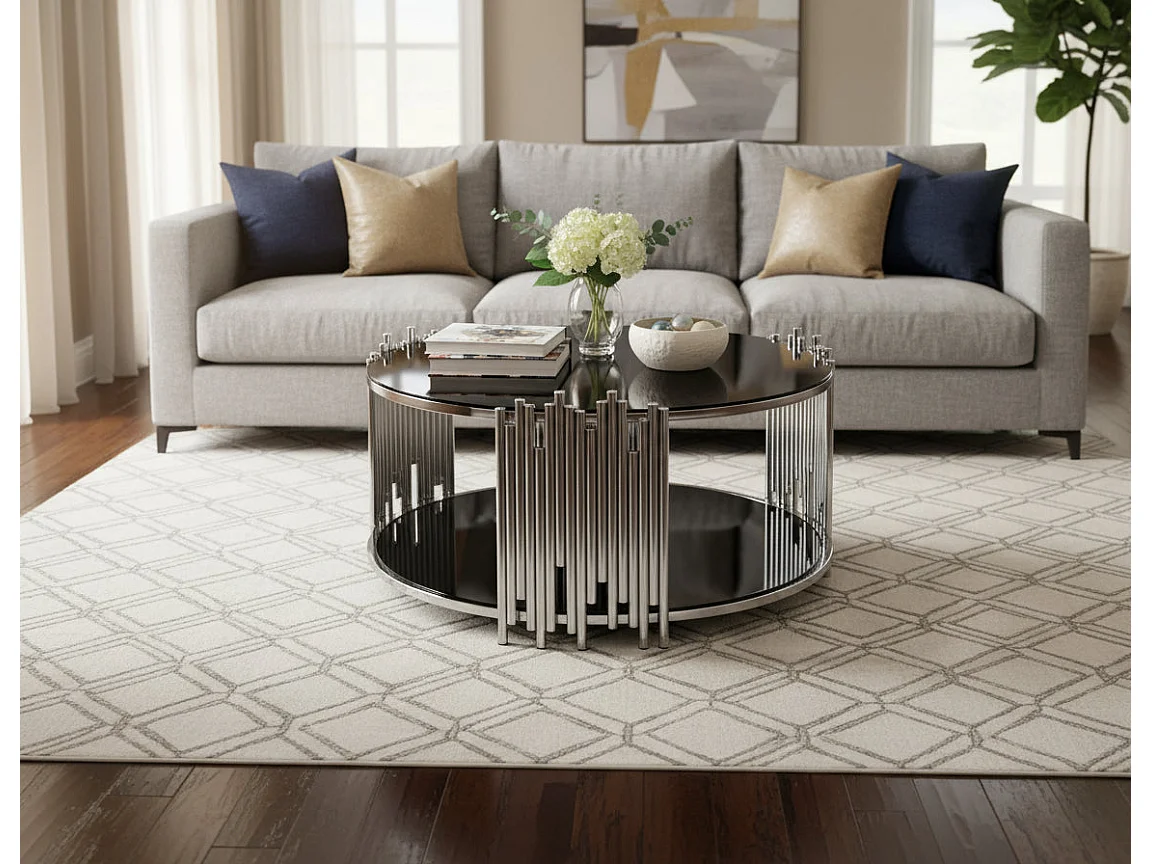 Table Basse ronde STICK Chrome et plateau en verre NOIR D90 H45 cm