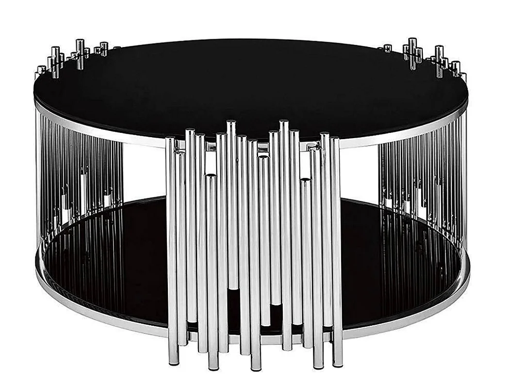 Table Basse ronde STICK Chrome et plateau en verre NOIR D90 H45 cm