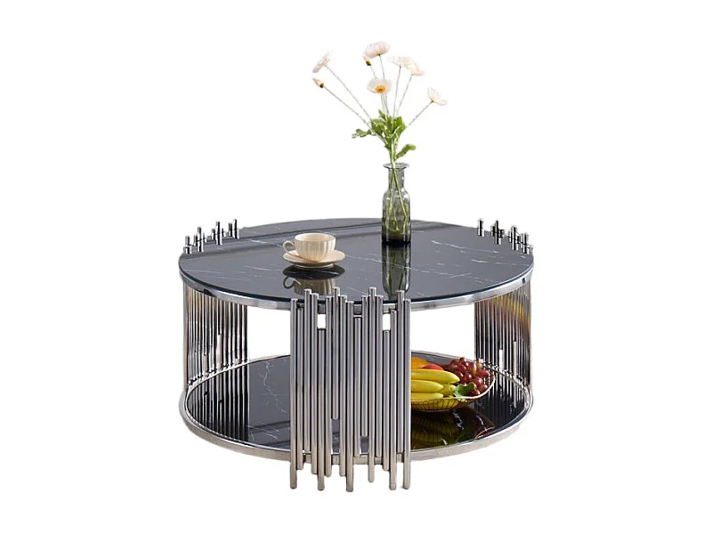 Table Basse ronde STICK Chrome et plateau en verre NOIR D90 H45 cm