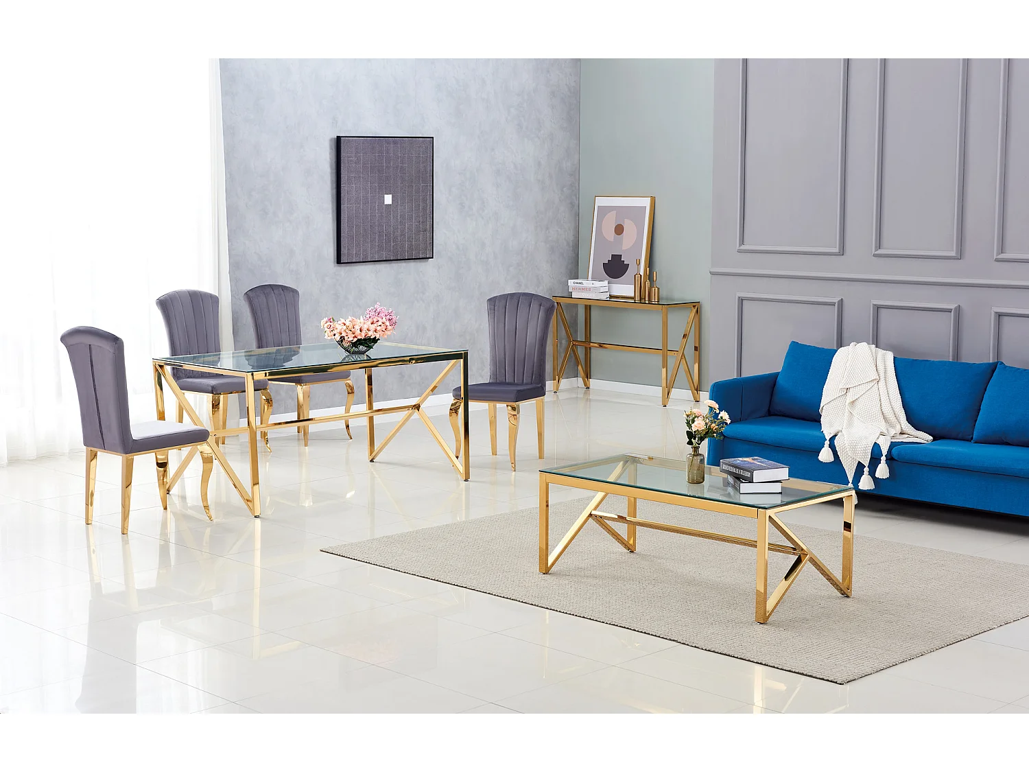 Table Basse MAJESTIQUE Gold et plateau en verre 120x60x45cm