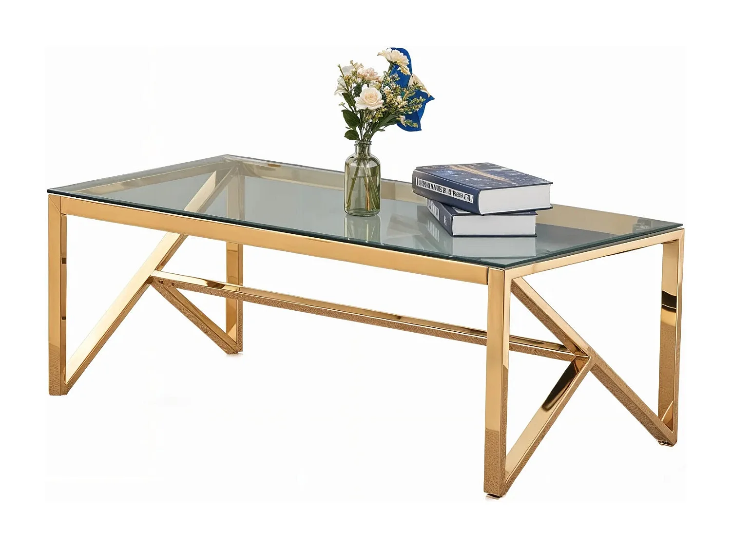 Table Basse MAJESTIQUE Rectangle Plateau Verre Trempé Transparent Pieds Gold 120x60x45cm