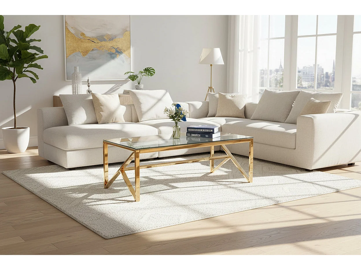 Table Basse MAJESTIQUE Rectangle Plateau Verre Trempé Transparent Pieds Gold 120x60x45cm