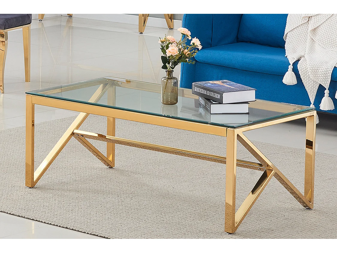 Table Basse MAJESTIQUE Rectangle Plateau Verre Trempé Transparent Pieds Gold 120x60x45cm