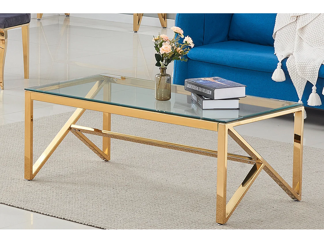 Table Basse MAJESTIQUE Rectangle Plateau Verre Trempé Transparent Pieds Gold 120x60x45cm