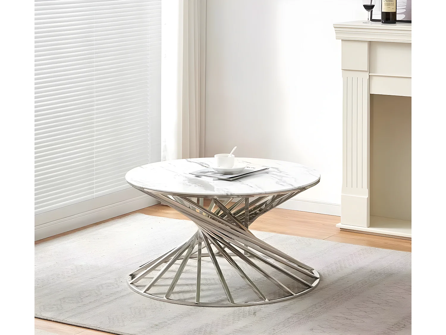 Table basse ronde NAUTILUS chromé plateau verre  D80 cm