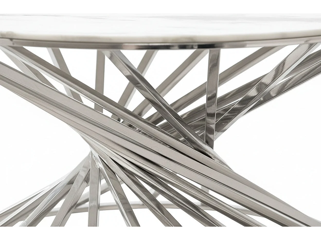 Table Basse NAUTILUS Ronde Plateau Verre Trempé Marbré Blanc Pieds Chrome D80x45cm