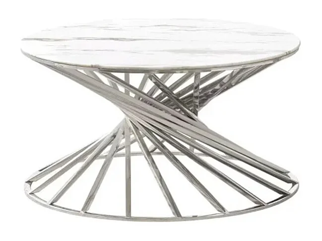 Table Basse NAUTILUS Ronde Plateau Verre Trempé Marbré Blanc Pieds Chrome D80x45cm