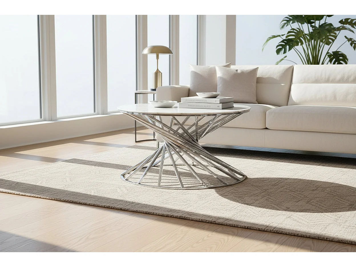 Table Basse NAUTILUS Ronde Plateau Verre Trempé Marbré Blanc Pieds Chrome D80x45cm