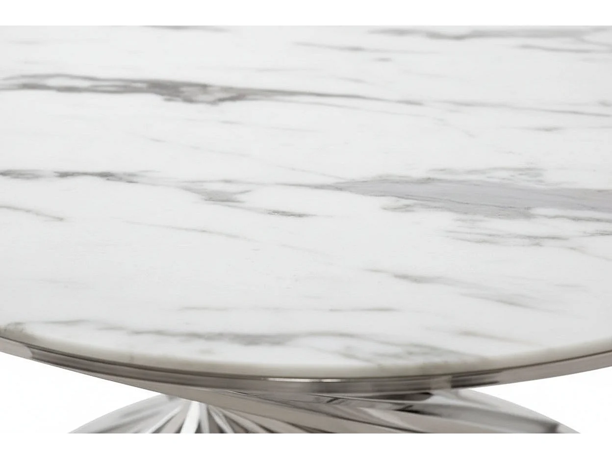 Table Basse NAUTILUS Ronde Plateau Verre Trempé Marbré Blanc Pieds Chrome D80x45cm