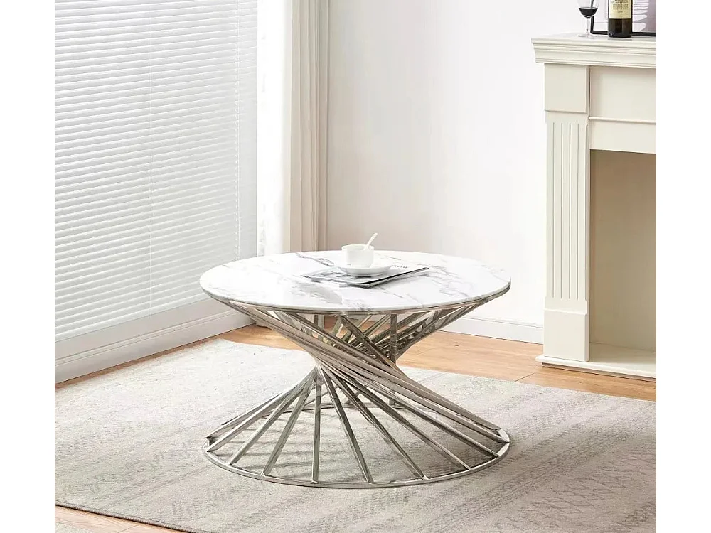 Table Basse NAUTILUS Ronde Plateau Verre Trempé Marbré Blanc Pieds Chrome D80x45cm