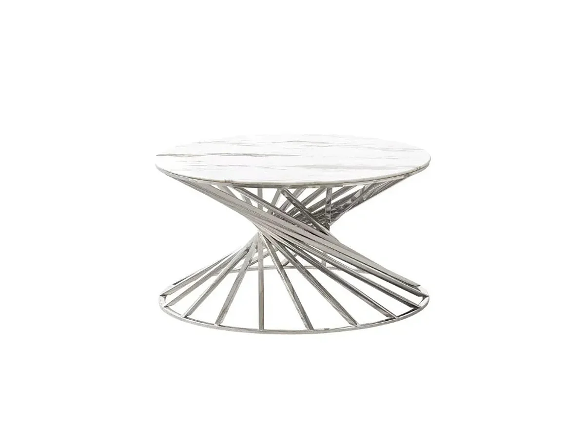 Table Basse NAUTILUS Ronde Plateau Verre Trempé Marbré Blanc Pieds Chrome D80x45cm