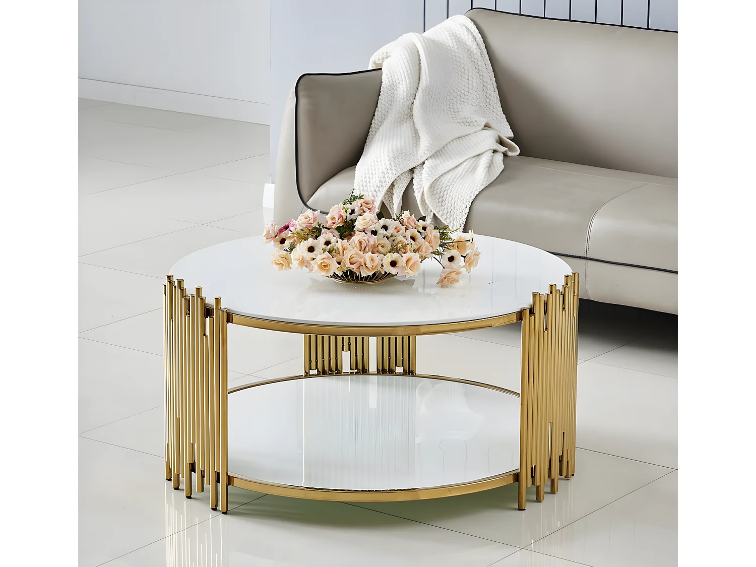 Table basse ronde stick gold verre blanc d90 h45 cm