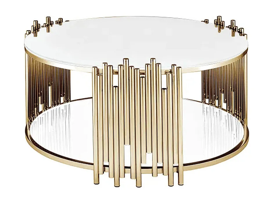 Table Basse ronde STICK Gold et plateau en verre BLANC D90 H45 cm