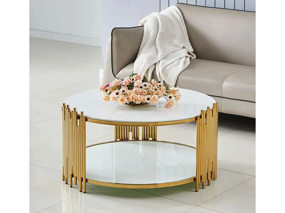 Table Basse ronde STICK Gold et plateau en verre BLANC D90 H45 cm