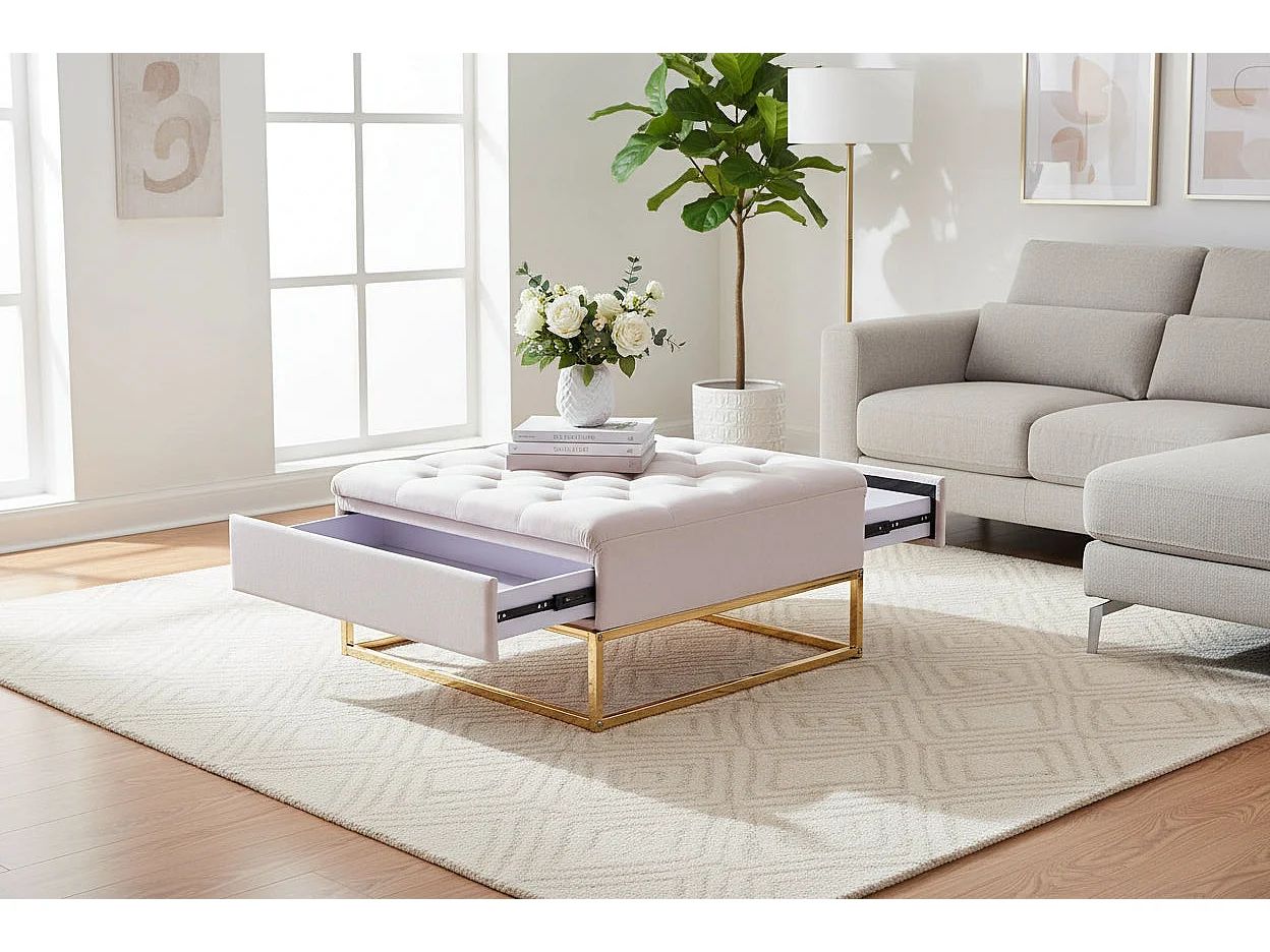 Pouf Coffre TIROIRS Carré Plateau Velours Capitonné Écru 80x80x43cm 2 Tiroirs