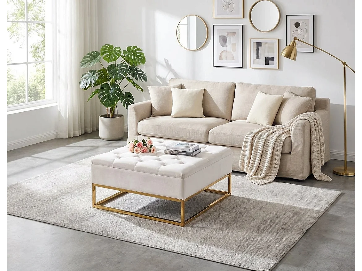 Table basse pouf velours écru 80x80 cm - CAPITONNE