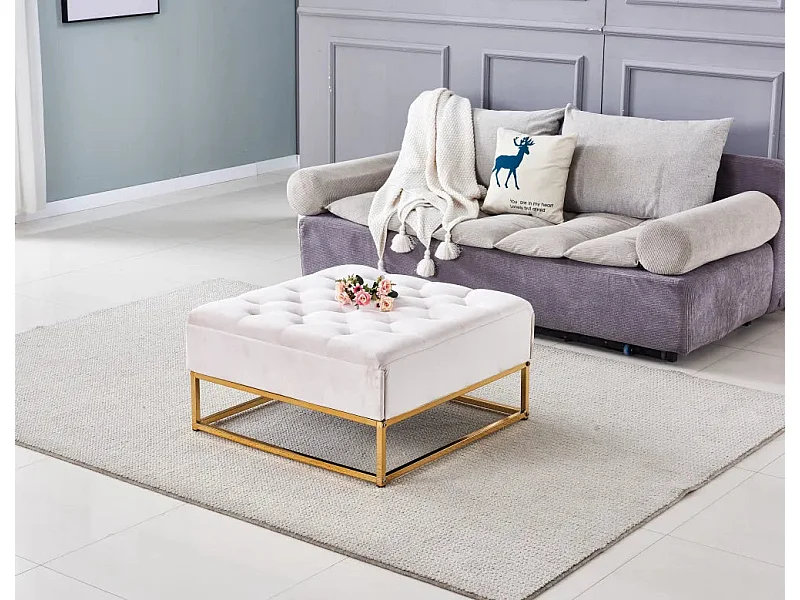 Pouf avec rangements TIROIRS plateau velours capitonné - écru