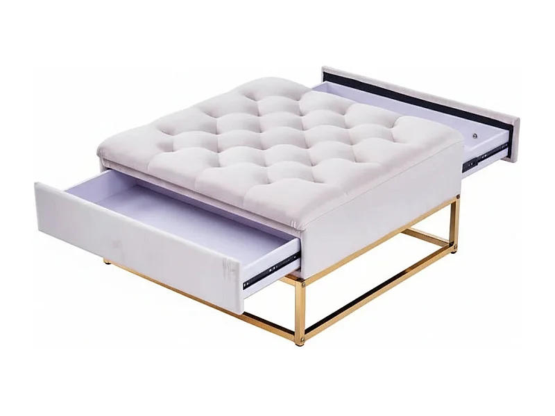 Pouf Coffre TIROIRS Carré Plateau Velours Capitonné Écru 80x80x43cm 2 Tiroirs