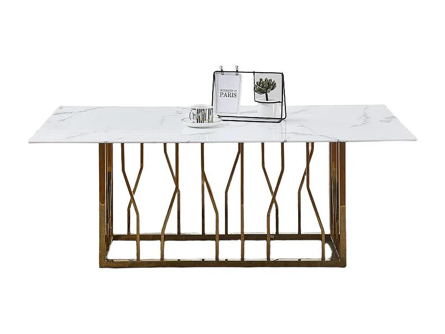 Table Basse PORTOFINO Plateau Verre Trempé Effet Marbré Blanc Pieds Chrome 120x70x45cm