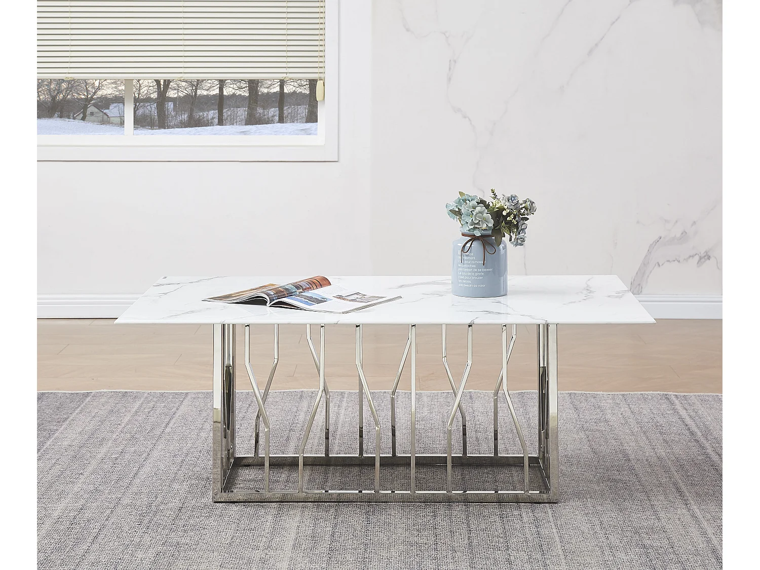 Table Basse PORTOFINO Plateau Verre Trempé Effet Marbré Blanc Pieds Chrome 120x70x45cm