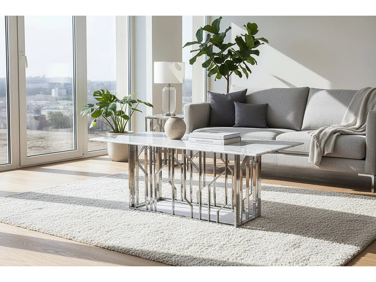 Table Basse PORTOFINO Plateau Verre Trempé Effet Marbré Blanc Pieds Chrome 120x70x45cm