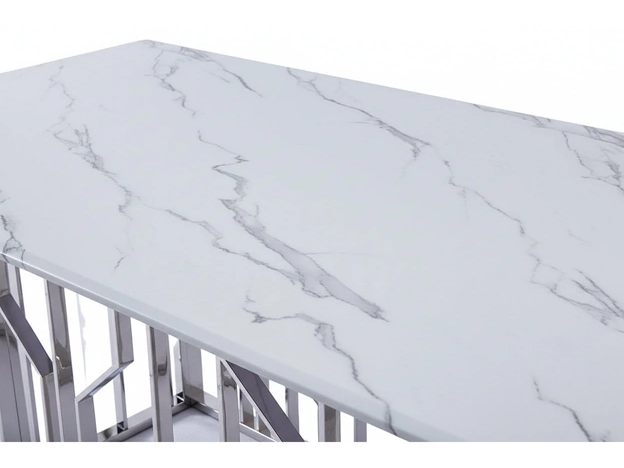 Table Basse PORTOFINO Plateau Verre Trempé Effet Marbré Blanc Pieds Chrome 120x70x45cm