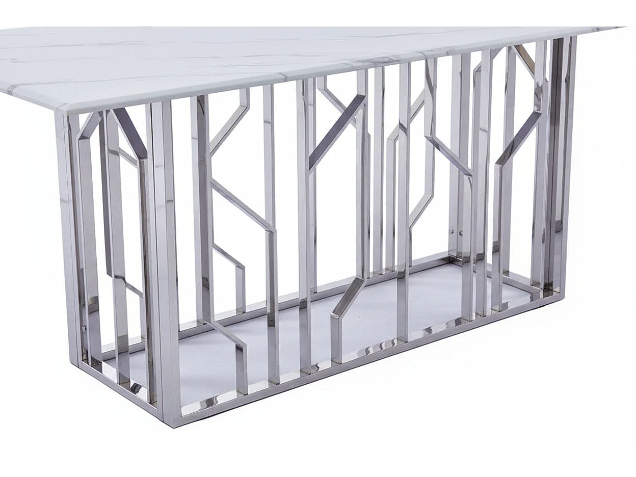 Table Basse PORTOFINO Plateau Verre Trempé Effet Marbré Blanc Pieds Chrome 120x70x45cm