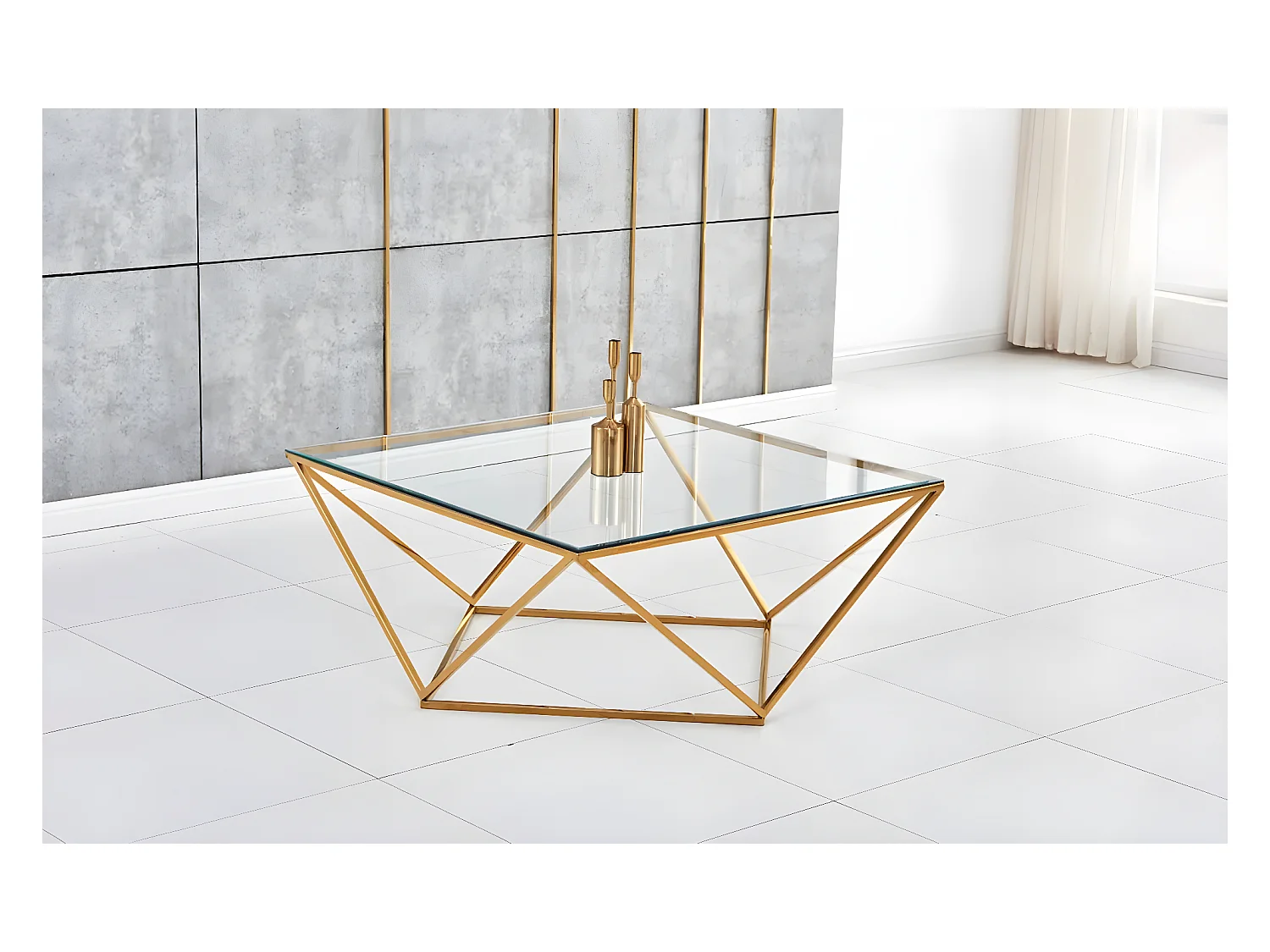 Table basse alina gold plateau verre transparent 100x100x45 cm