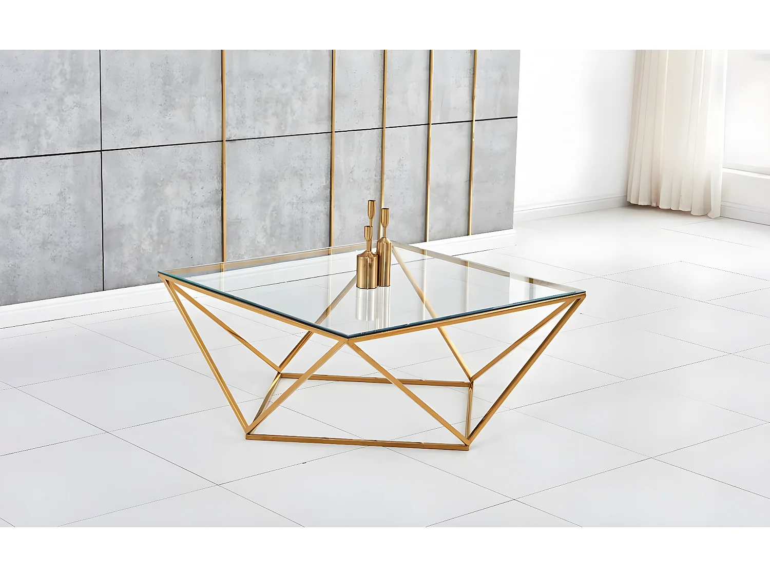 Table basse alina gold plateau verre transparent 100x100x45 cm
