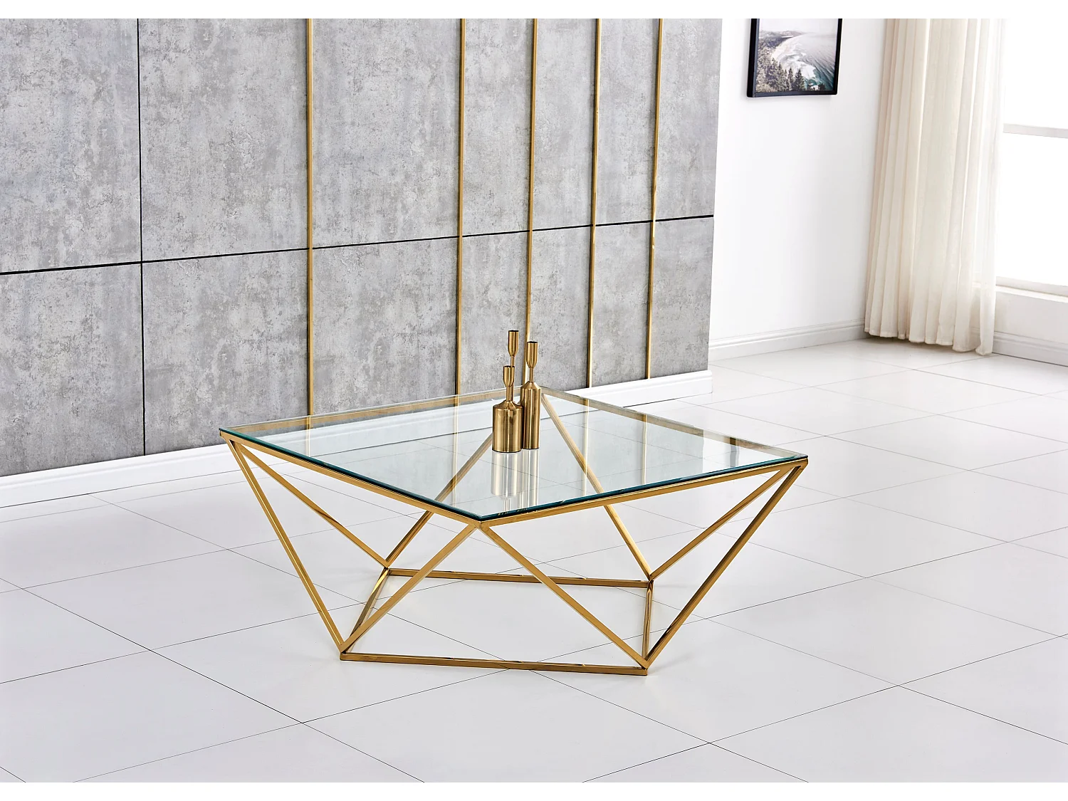 Table Basse Carrée ALINA – Gold & Verre – 100x100x45 cm