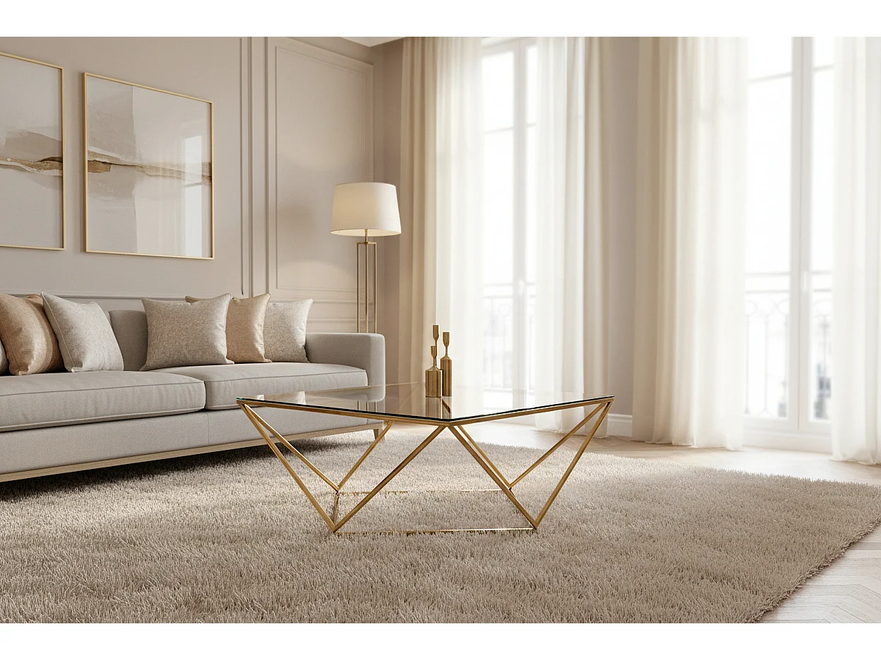 Table Basse Carrée ALINA – Gold & Verre – 100x100x45 cm