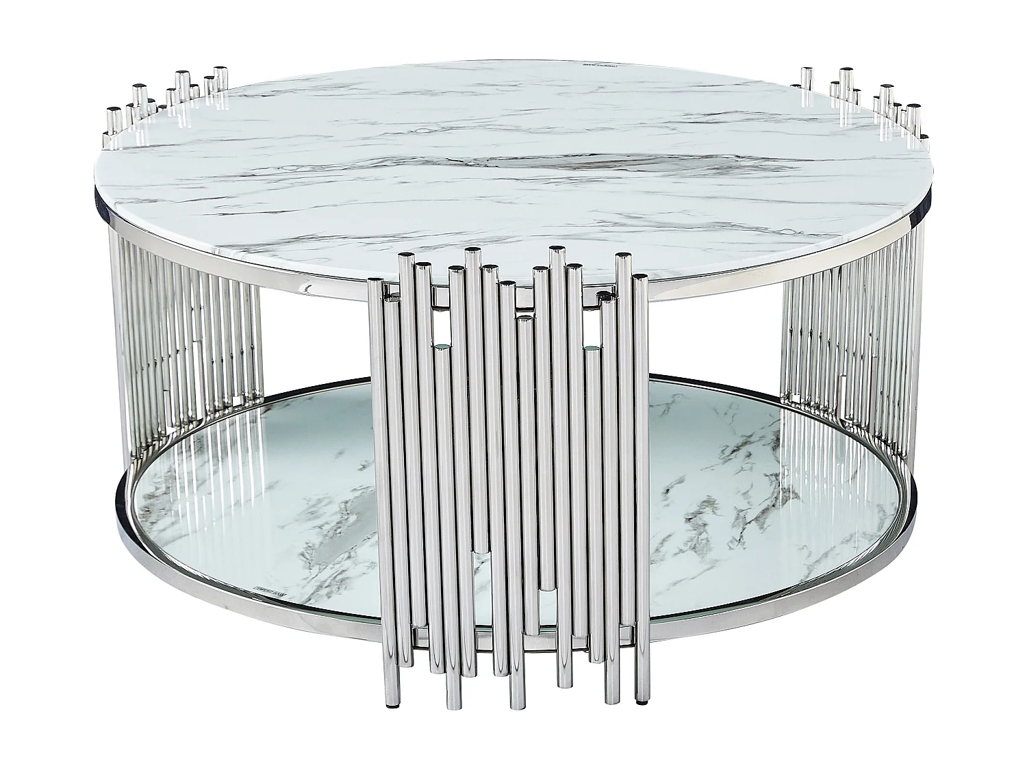 Table Basse ronde STICK Chrome et plateau en verre MARBRE BLANC D90 H45 cm