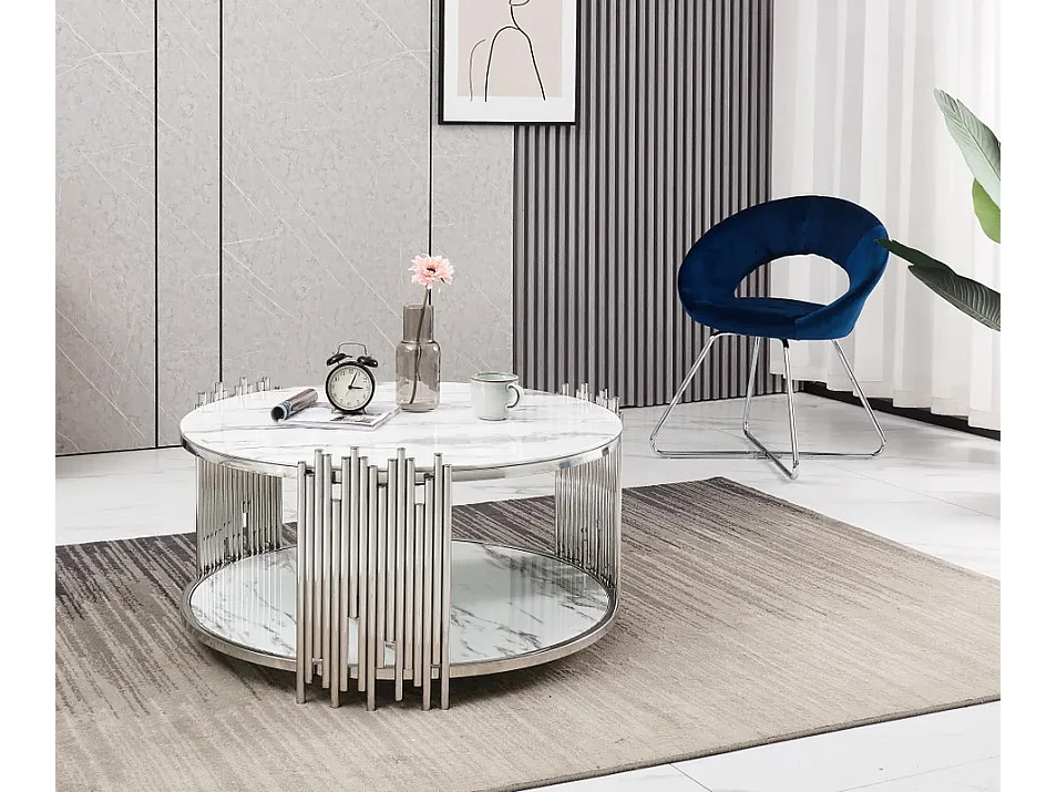 Table Basse ronde STICK Chrome et plateau en verre MARBRE BLANC D90 H45 cm