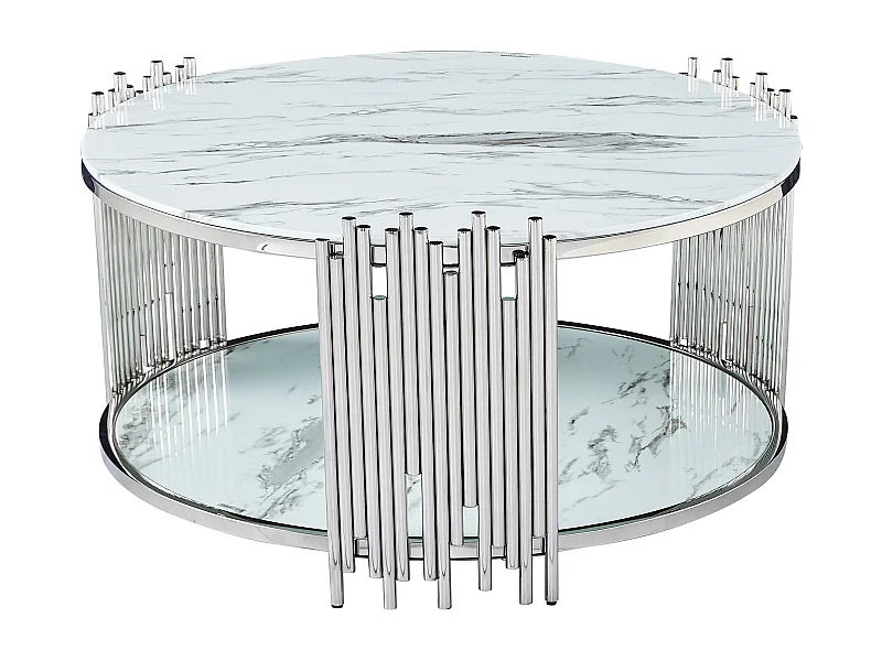 Table Basse ronde STICK Chrome et plateau en verre MARBRE BLANC D90 H45 cm