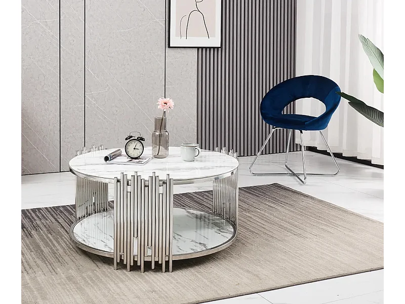 Table Basse ronde STICK Chrome et plateau en verre MARBRE BLANC D90 H45 cm