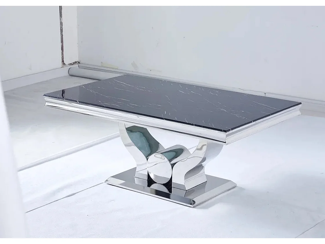 Table basse Trofy Chrome et plateau en verre 120x70 cm effet marbré noir