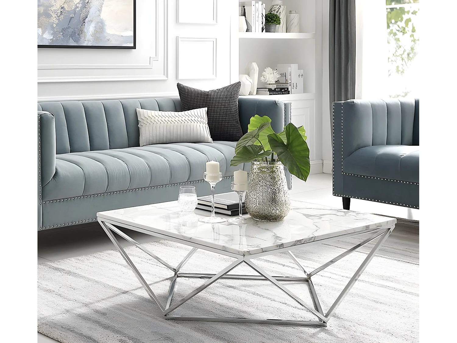 Table basse carré alina plateau en verre marbré blanc pieds chromés 80x80x45 cm